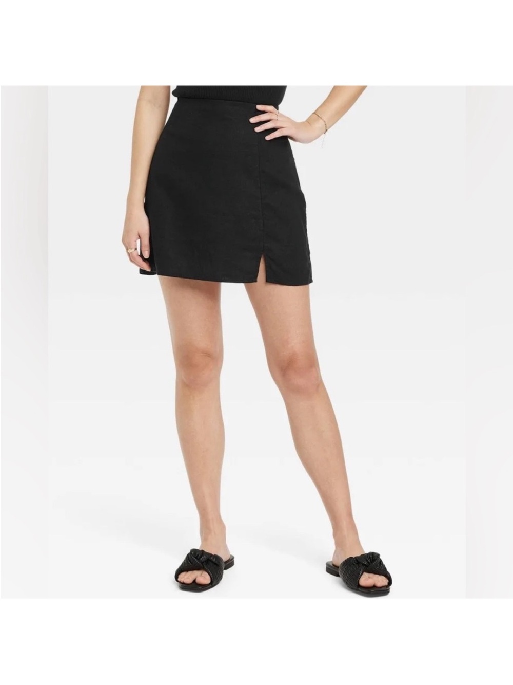 Black Mini Linen Skirt with Front Slit